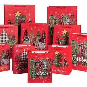 Christmas Gift Bags Set of 10 Assorted Red Gnomes Trees Patterns Cheetah